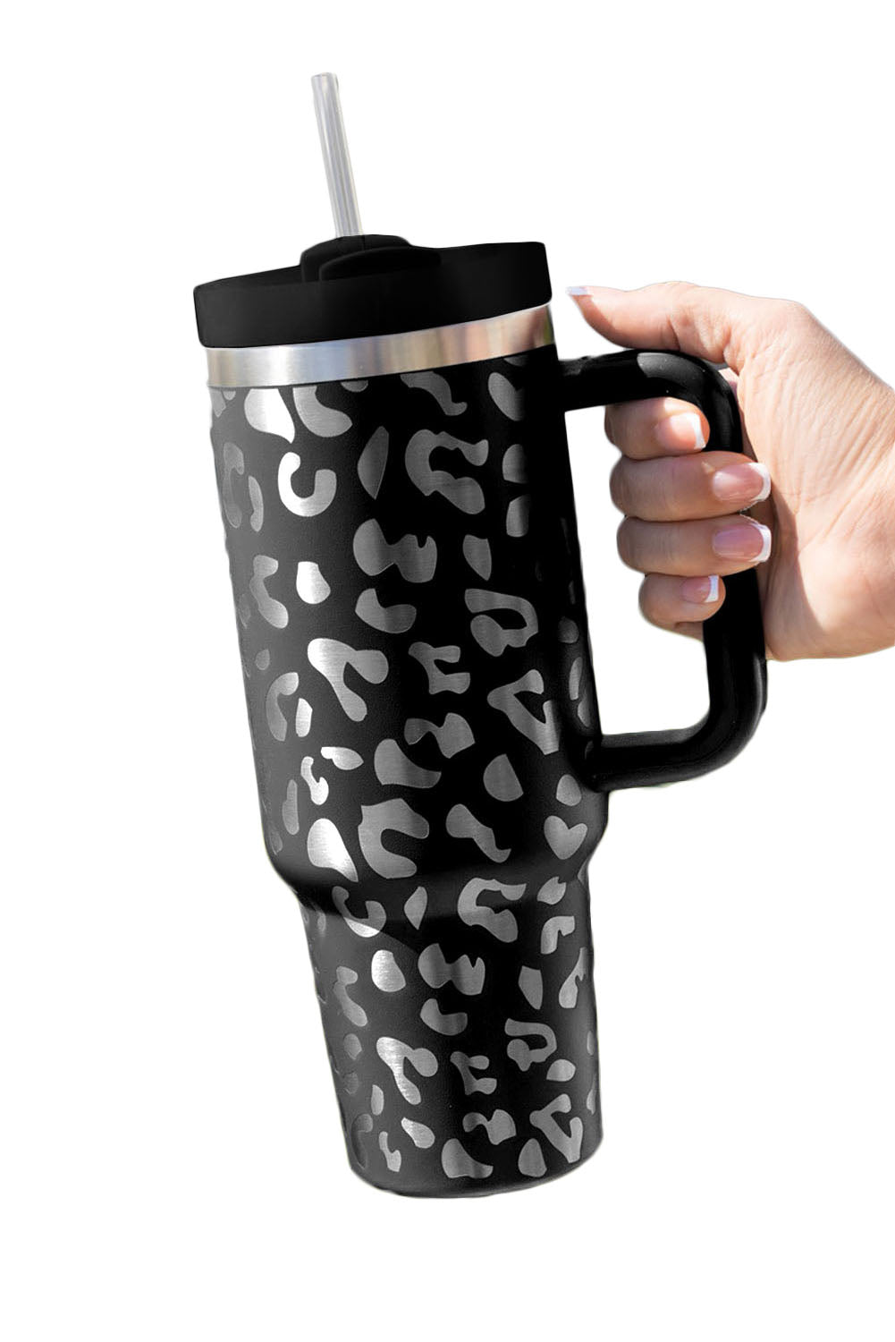 Vaso portátil de acero inoxidable con forma de leopardo, color negro, de 40 oz, con asa