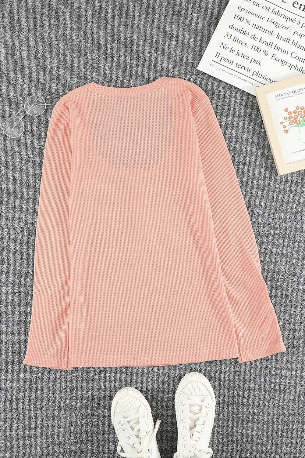 Burgundy Waffle Knit Casual Scoop Neck Long Sleeve Henley Shirt
