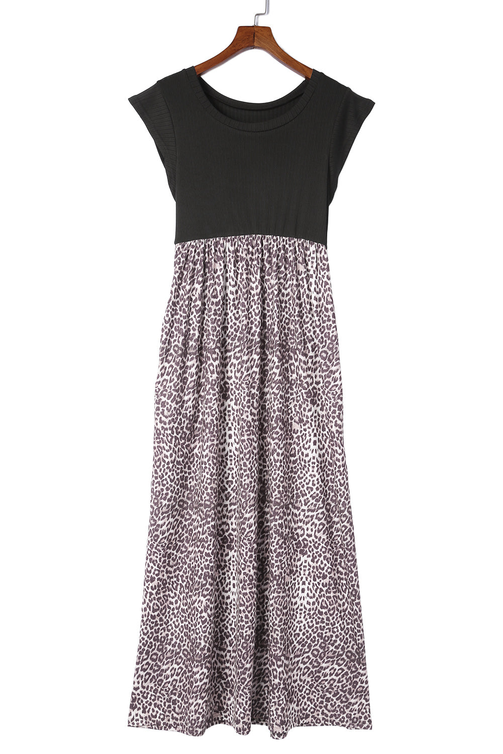 Vestido largo informal con bolsillos y mangas cortas y estampado de leopardo gris