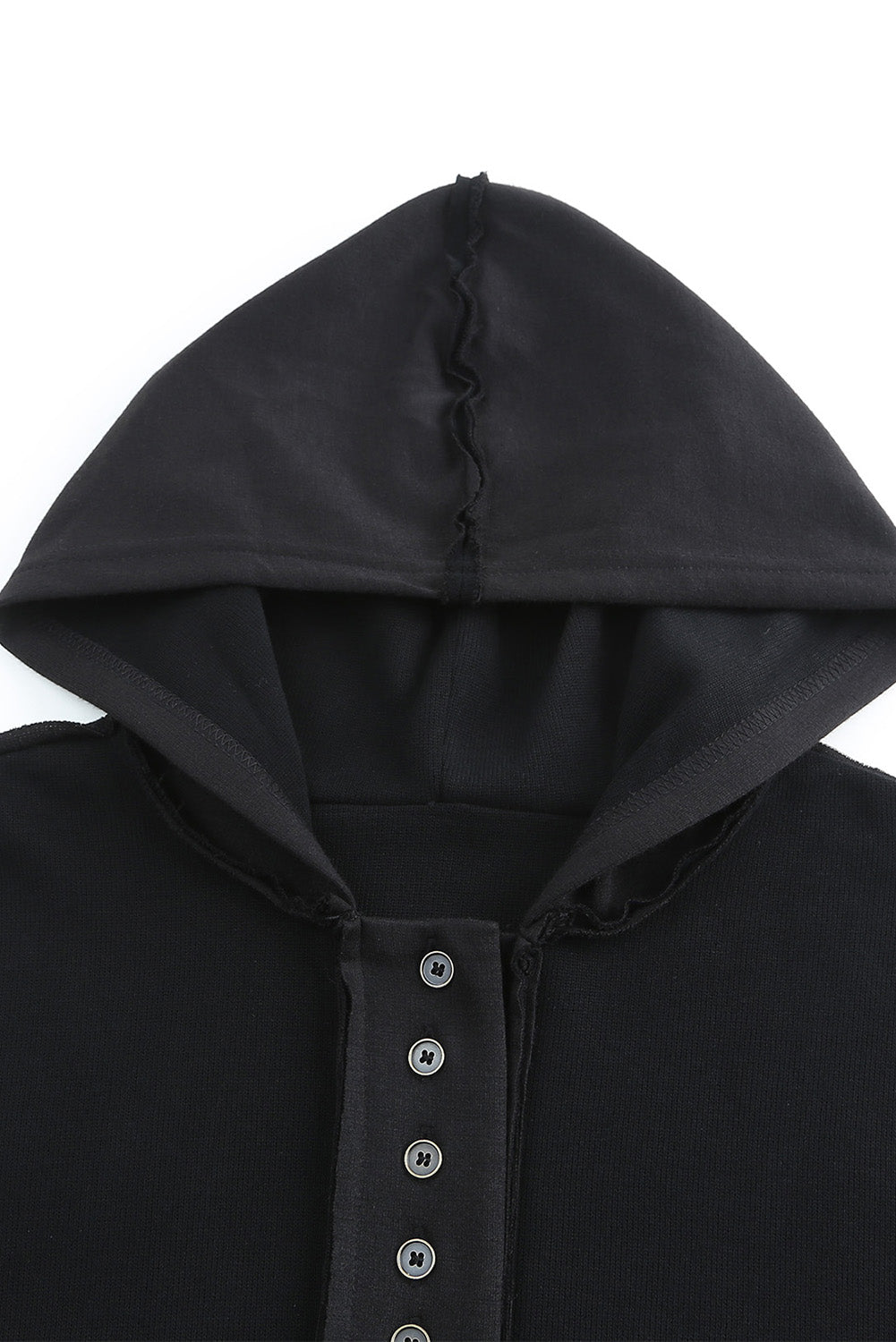 Black Solid Color Button Front Basic Pullover Hoodie