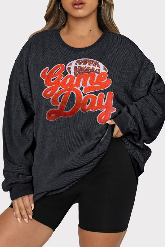 Sudadera con lentejuelas y chenilla texturizada negra para el día del juego, talla grande