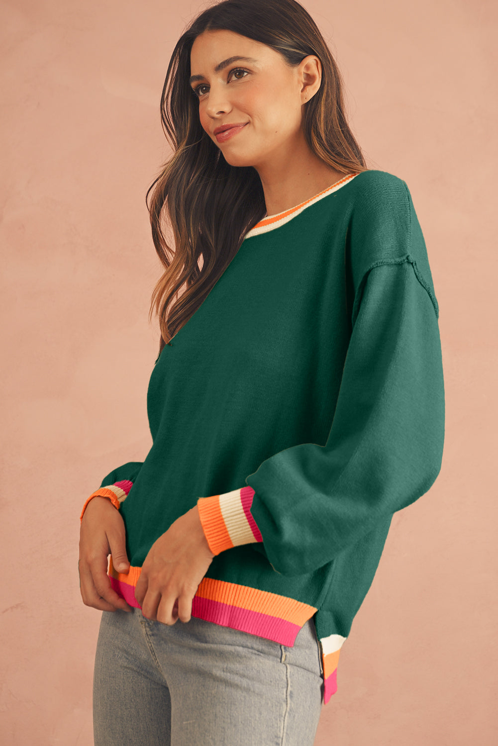 Parchment Striped Trim Drop Shoulder Sweater