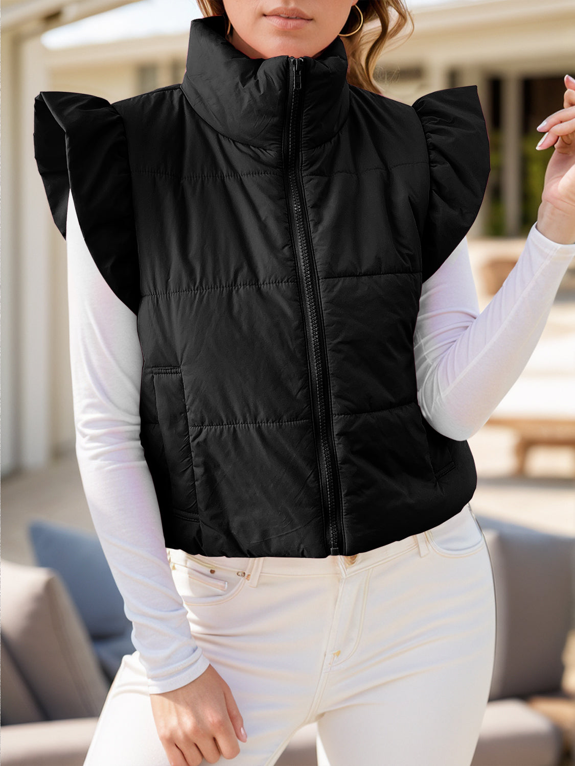 Pocketed Zip Up Cap Sleeve Puffer Vest