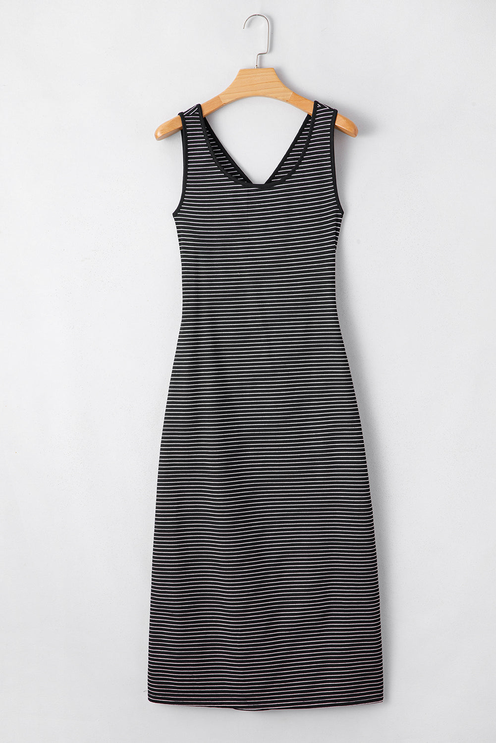 Black Striped Criss Cross Back Side Slits Slim Fit Sleeveless Dress