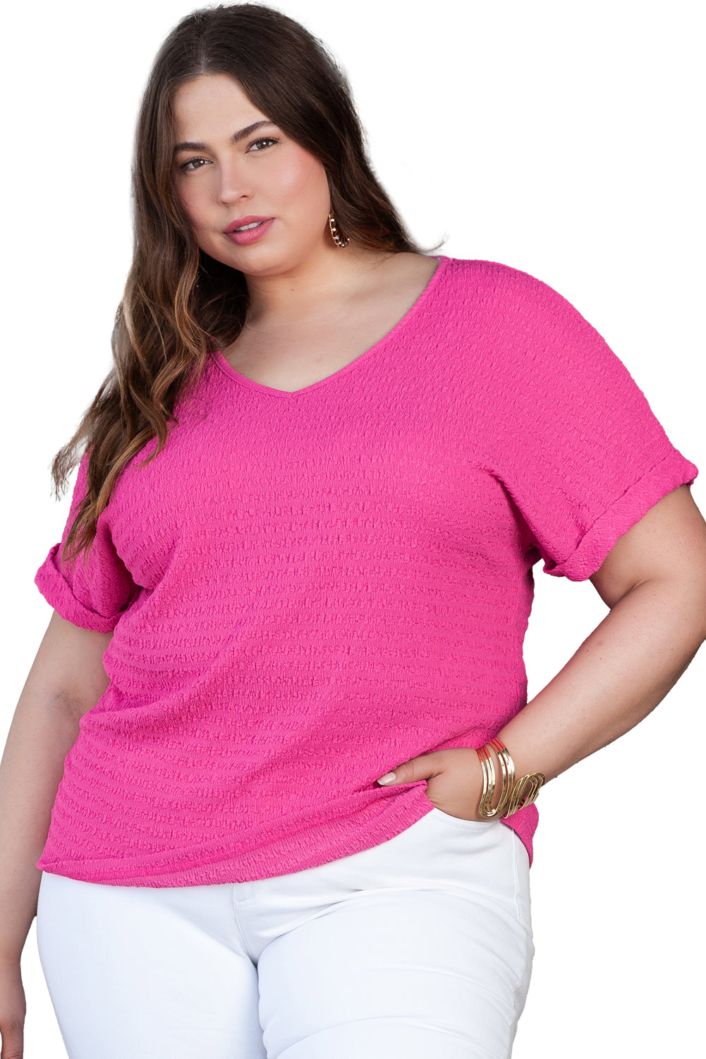 Blusa de talla grande con escote en V y mangas murciélago con textura en color rosa brillante