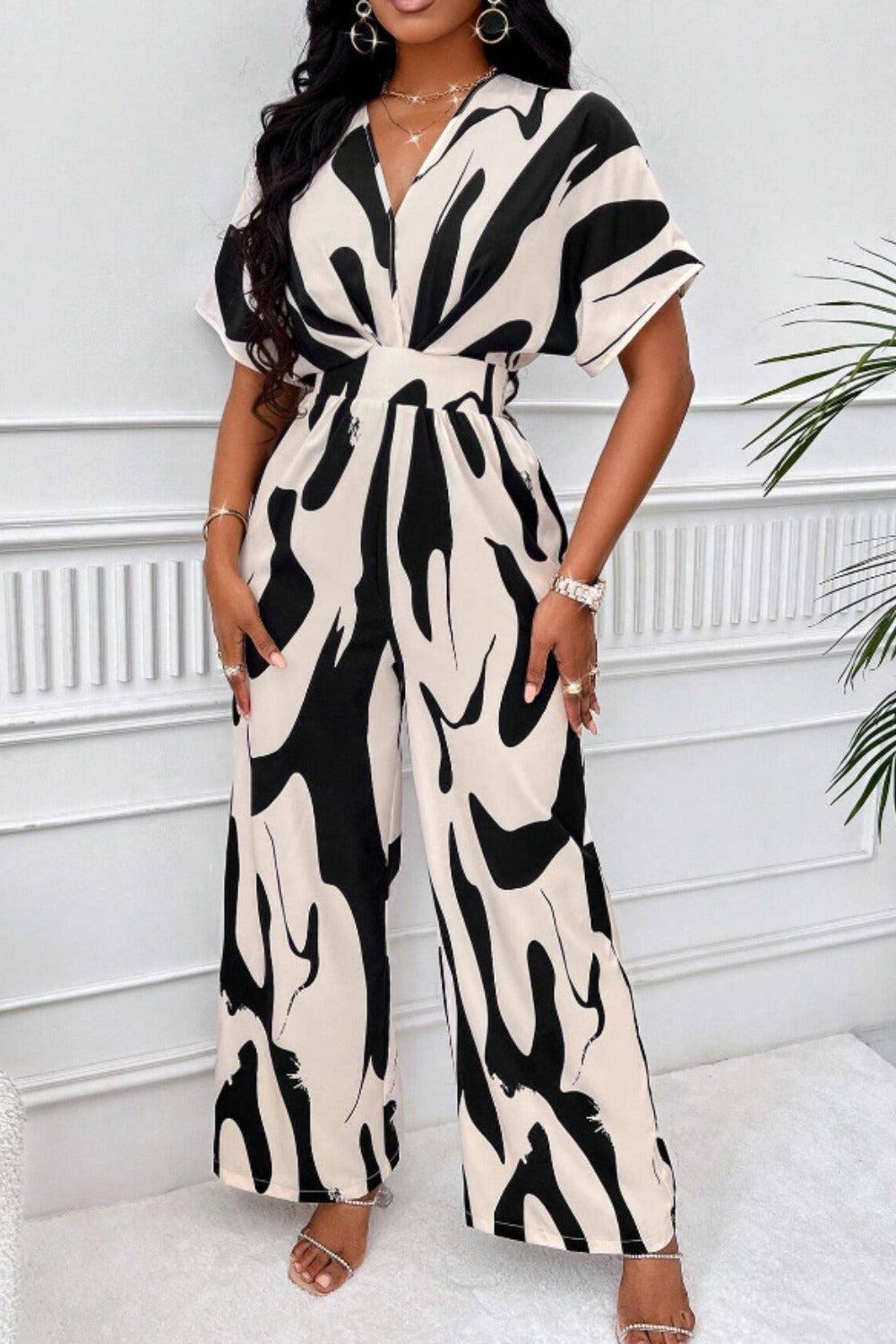 Printed V-Neck Short Sleeve Wide Leg Jumpsuit | S - 2XL | 4 COLORS