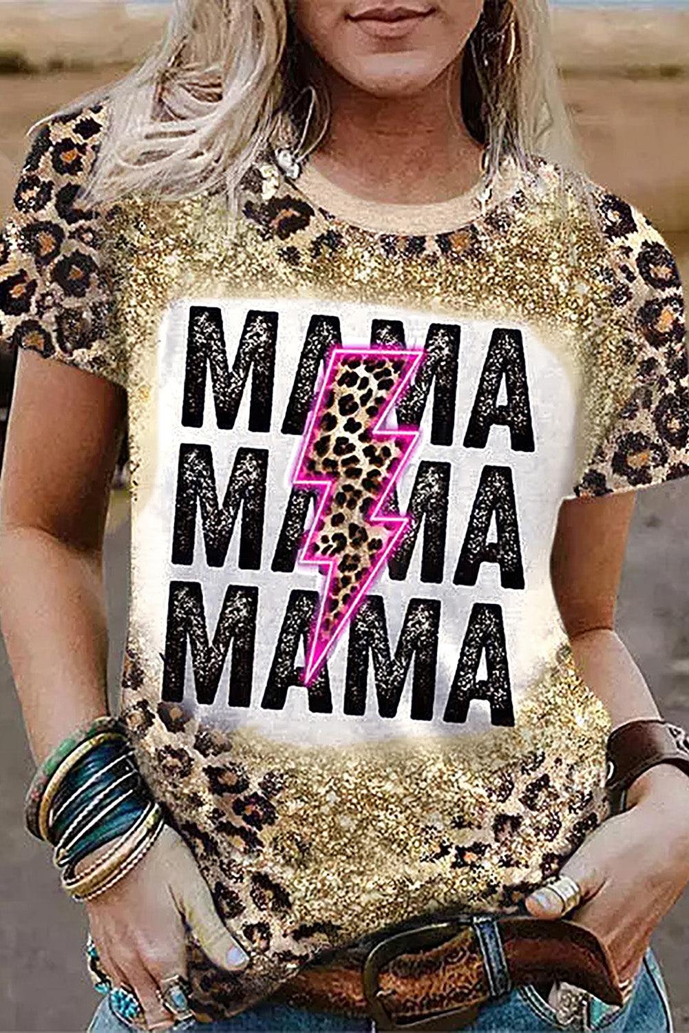 Leopard Dyed MAMA Lightning Graphic T Shirt