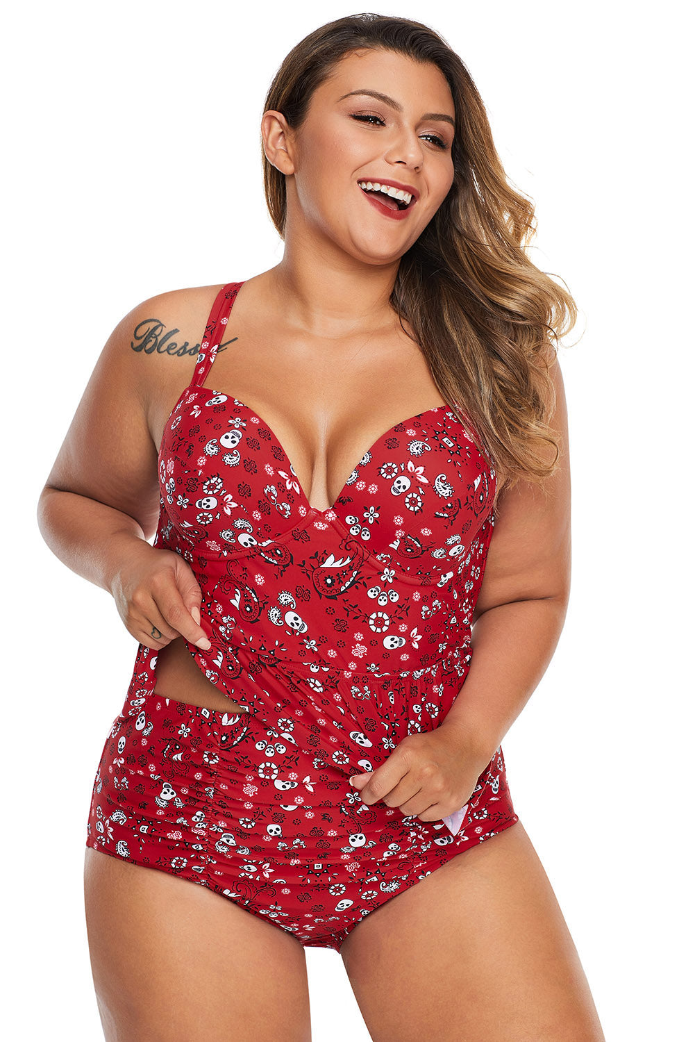 Red Print Moulded Cups Peplum Plus Size Bikini