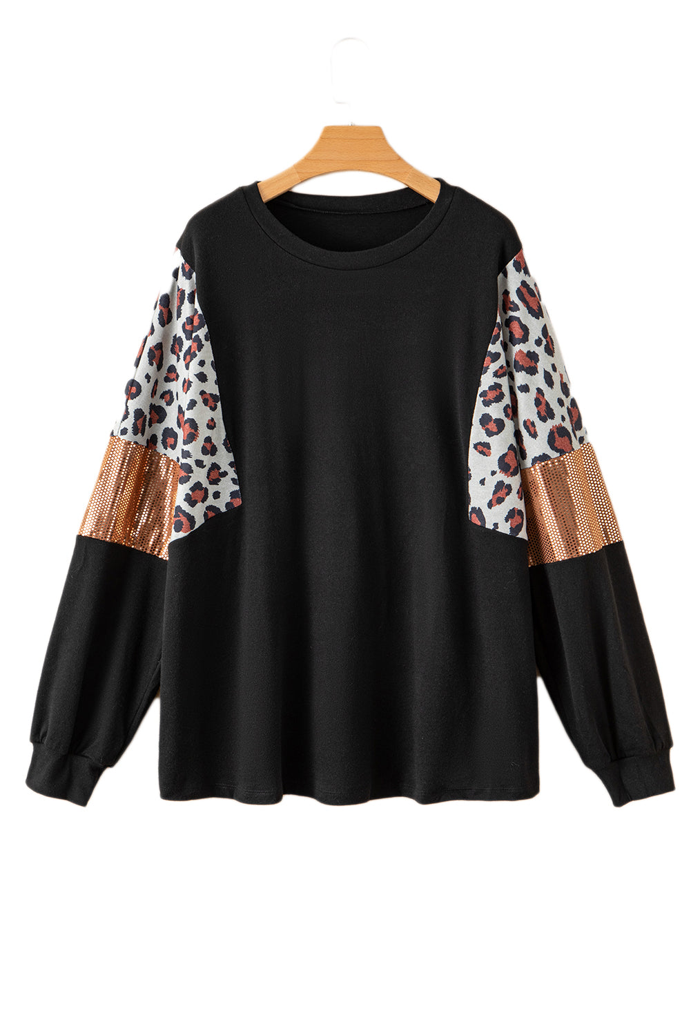 Blusa negra de manga larga con parches de lentejuelas y estampado de leopardo en talla grande