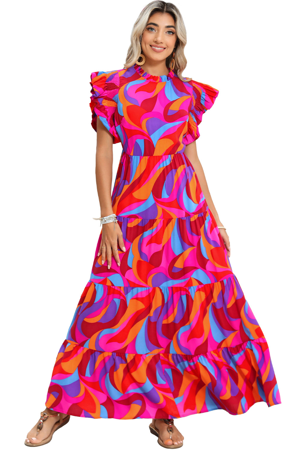 Vestido largo con volantes y cintura alta con estampado abstracto en color naranja