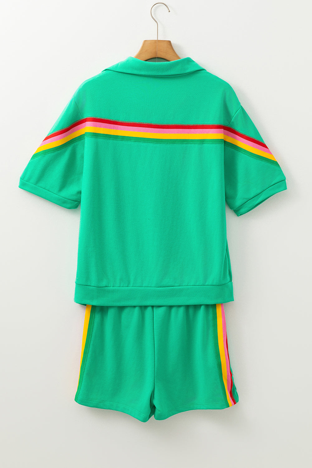 Sea Green Rainbow Colorblock Collared Short Sleeve Top and Shorts Set