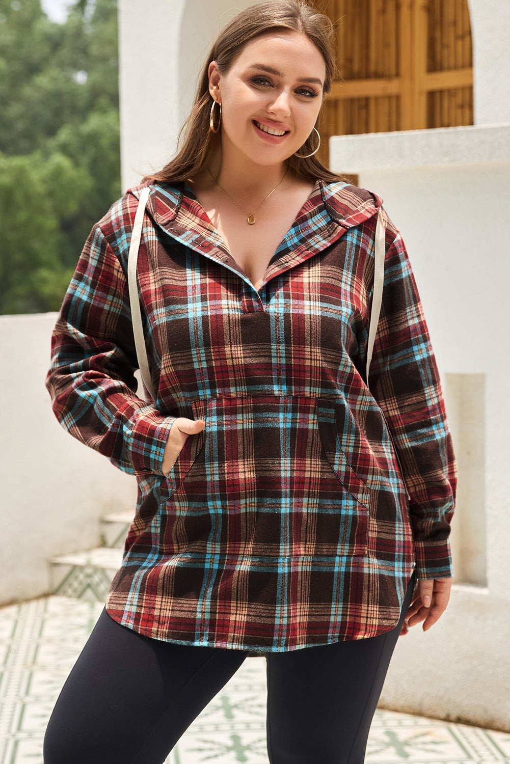 Red Plus Size Plaid Kangaroo Pocket Drawstring Hoodie