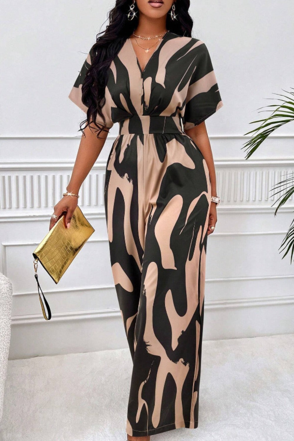 Printed V-Neck Short Sleeve Wide Leg Jumpsuit | S - 2XL | 4 COLORS