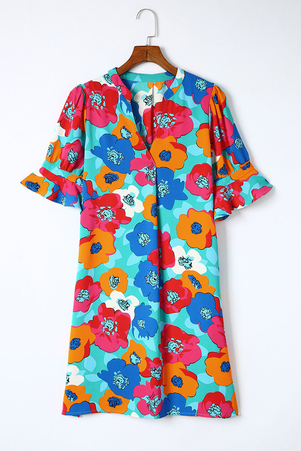 Vestido túnica de manga corta con cuello mandarín y estampado floral de rosas