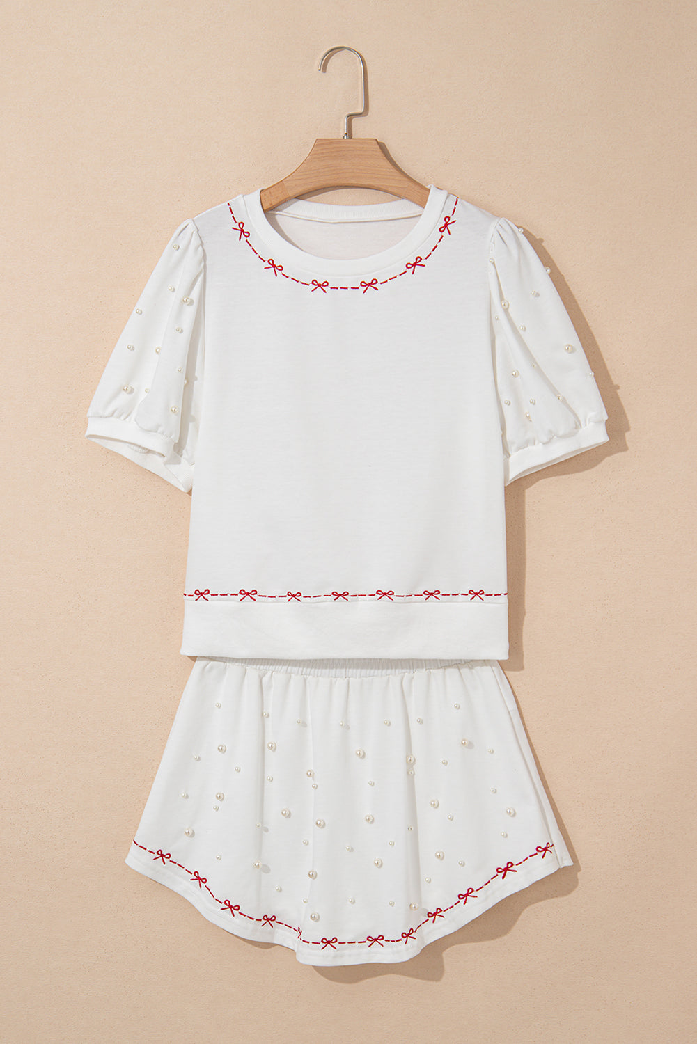Pink Sweet Bow Trim Pearl Embellished Blouse and Skort Set