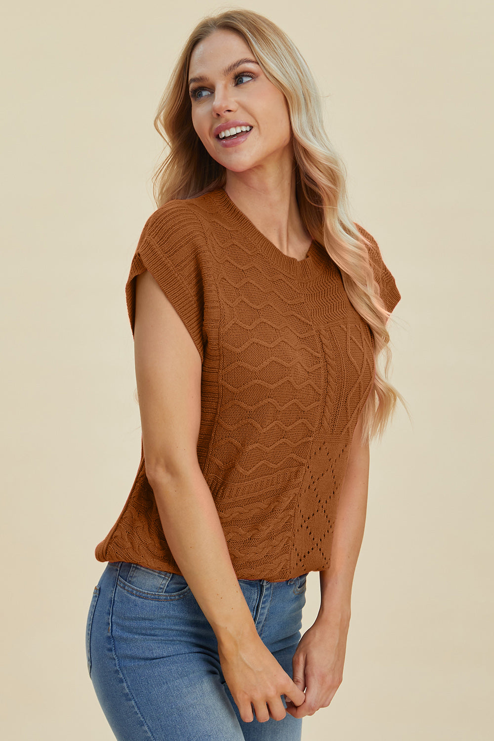 Double Take Full Size Cable-Knit Round Neck Cap Sleeve Sweater | S - XL | 2XL - 3XL | 5 COLORS