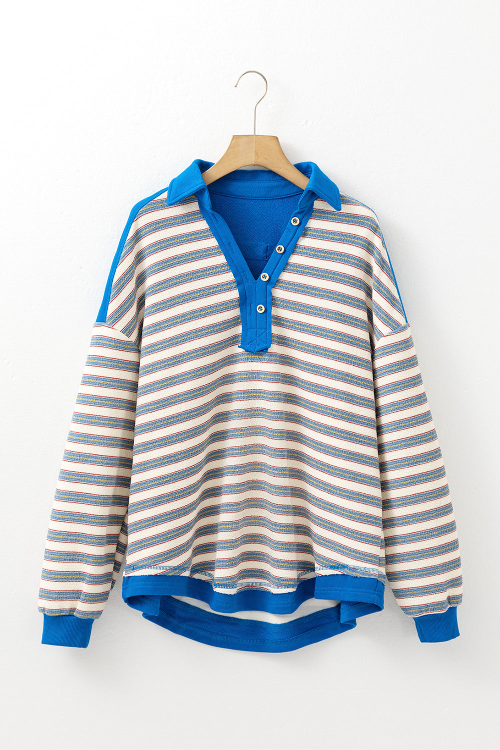 Pink Stripe Buttoned V Neck Collared Drop Shoulder Top