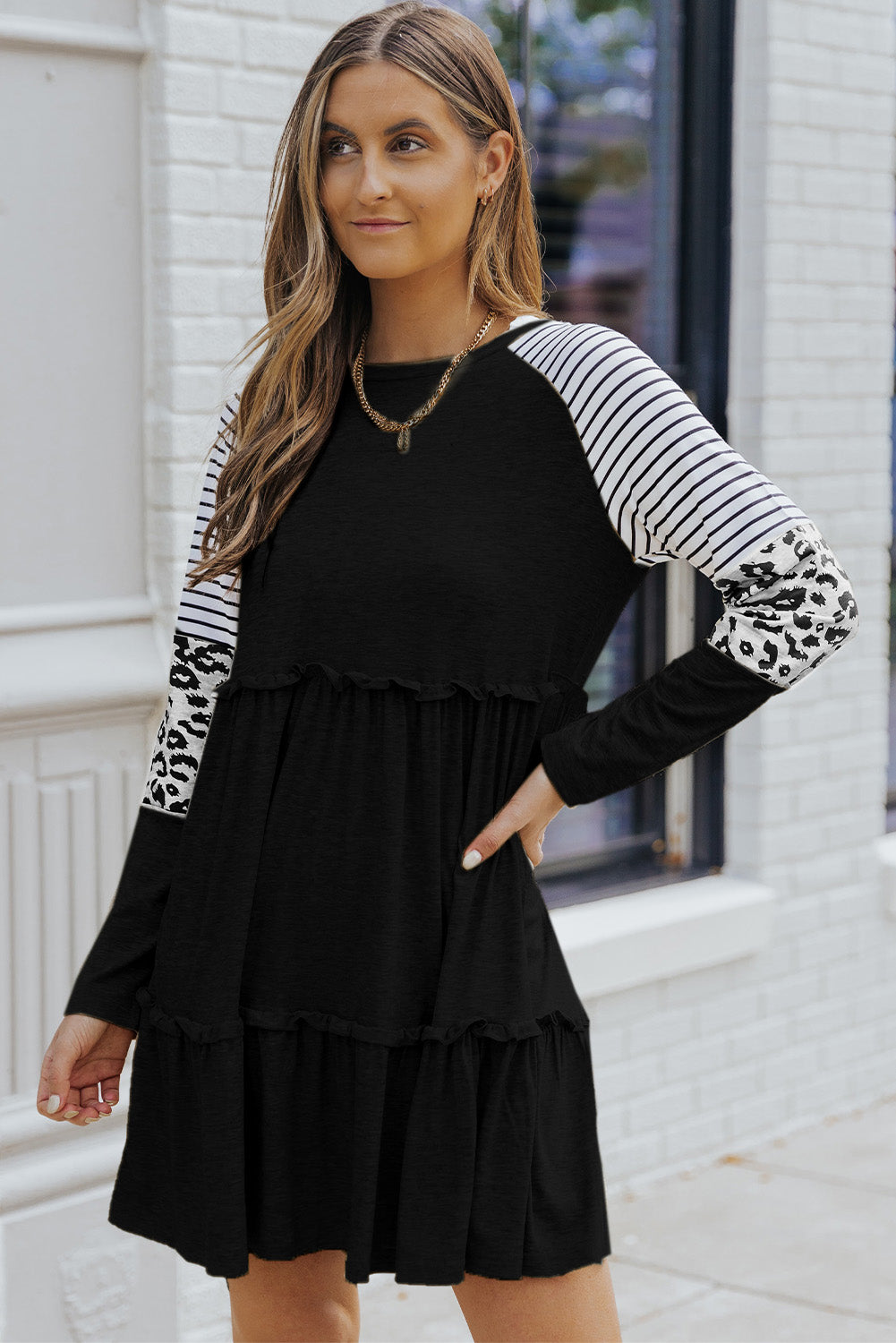 Black Striped Leopard Patchwork Pleated Long Sleeve Dress