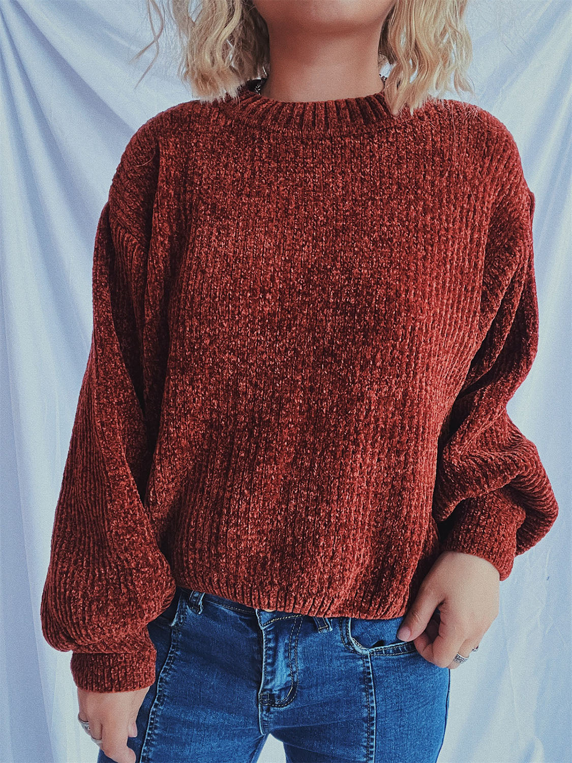 Round Neck Dropped Shoulder Chenille Long Sleeve Sweater