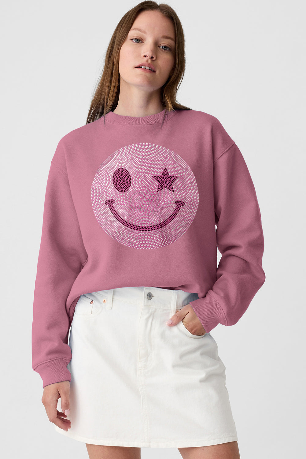 Valerian Rhinestoned Smile Graphic Crew Neck Sweatshirt