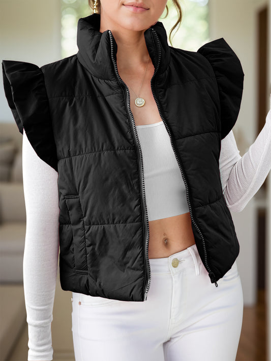 Pocketed Zip Up Cap Sleeve Puffer Vest