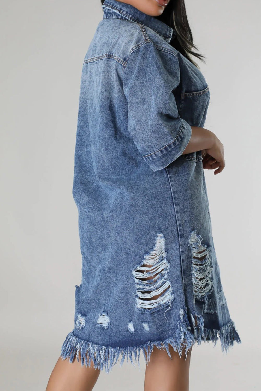 Distressed Raw Hem Button Up Denim Dress | S - 2XL | 2 COLORS