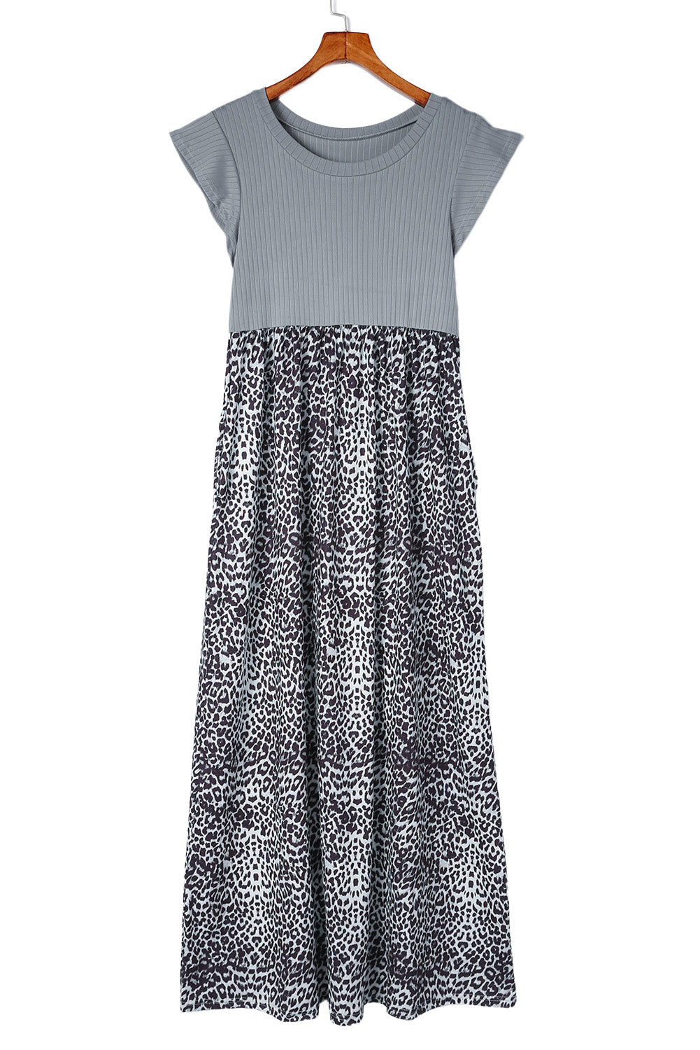 Vestido largo informal con bolsillos y mangas cortas y estampado de leopardo gris