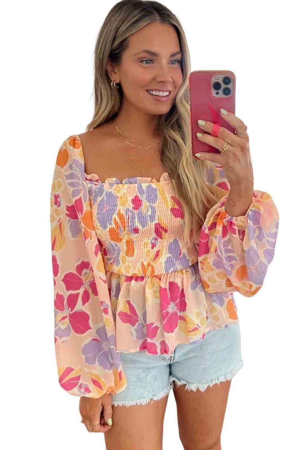 Blusa peplum con escote cuadrado fruncido y estampado floral en color rosa