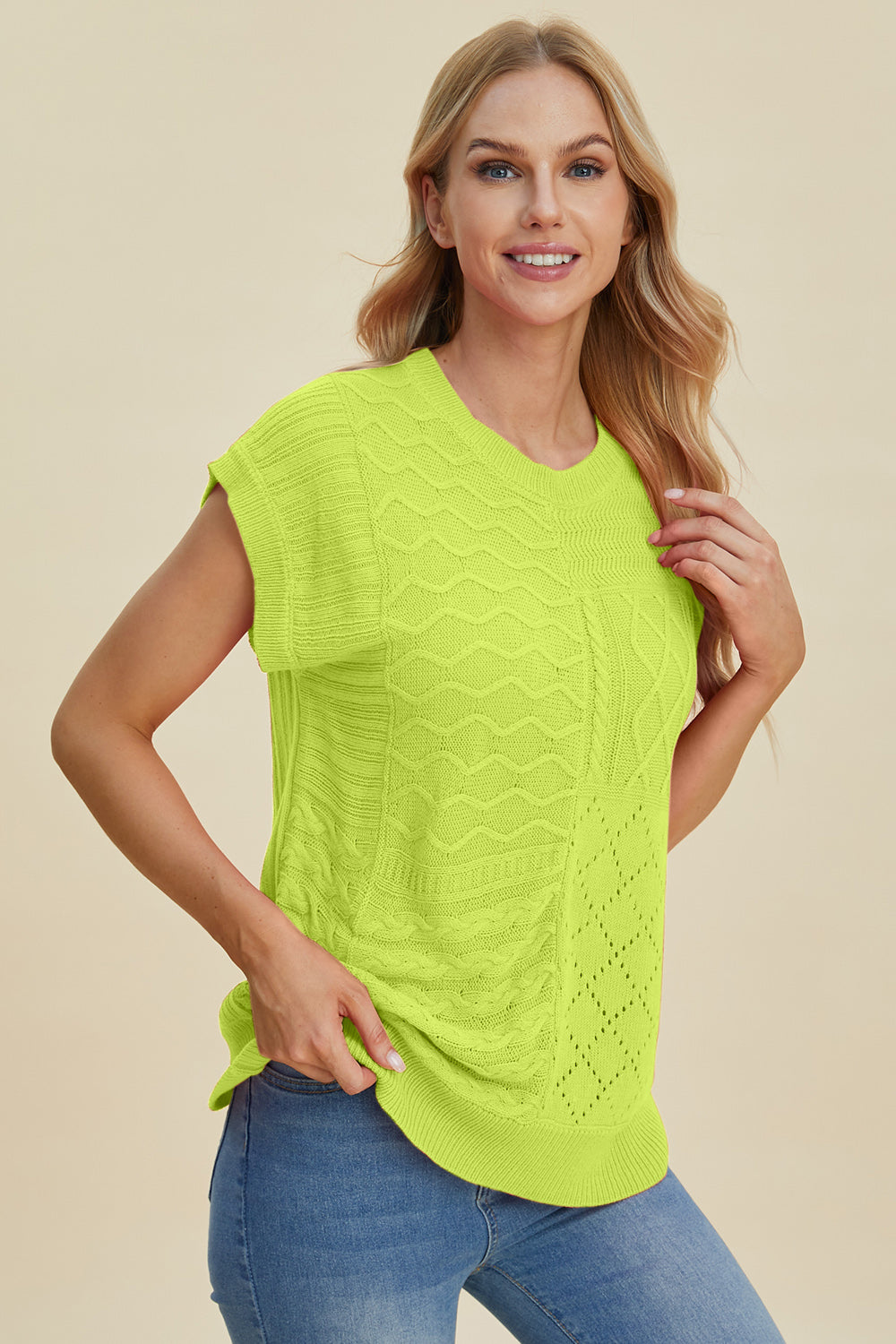 Suéter de cuello redondo y manga corta de punto trenzado de Double Take | Tallas grandes | S - XL | 2XL - 3XL | 5 COLORES