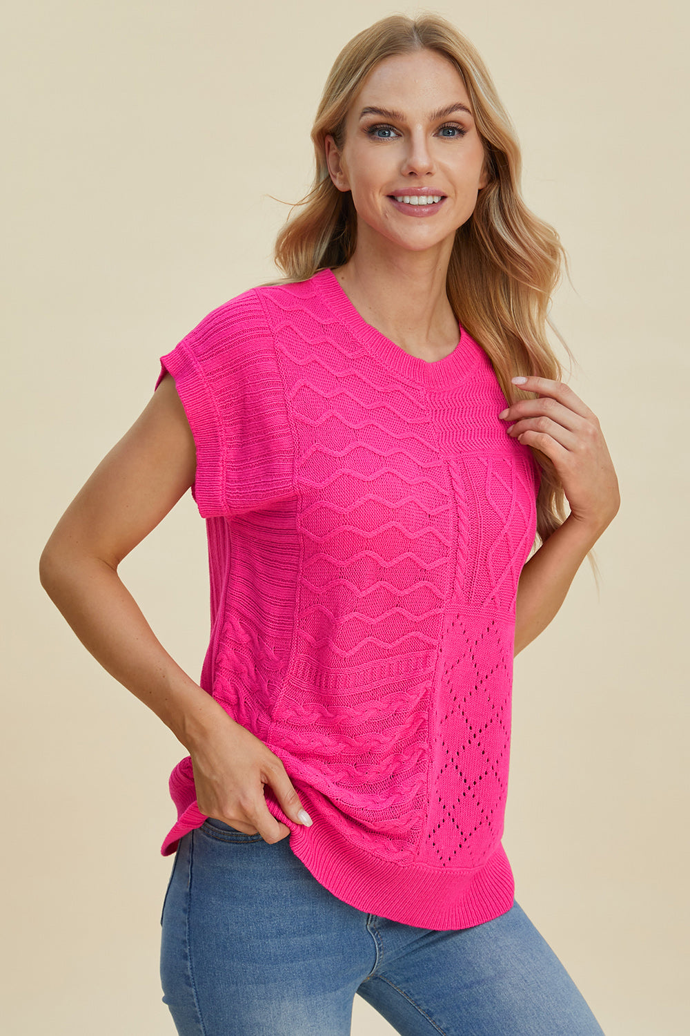 Suéter de cuello redondo y manga corta de punto trenzado de Double Take | Tallas grandes | S - XL | 2XL - 3XL | 5 COLORES