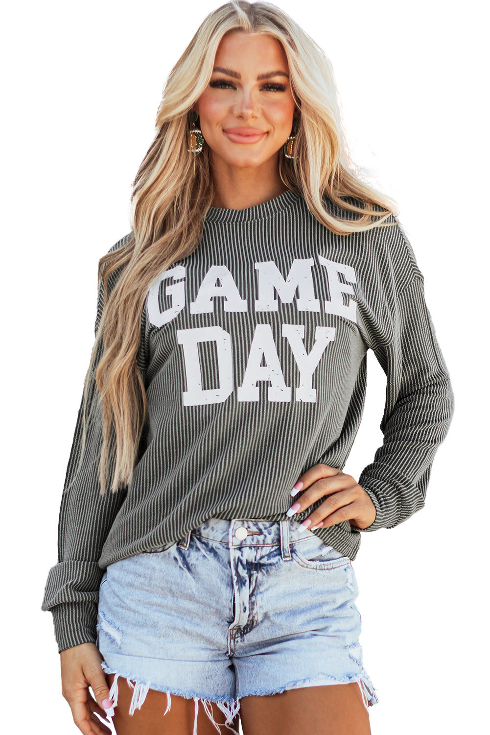 Dark Grey Corded GAME DAY Long Sleeve Crewneck Top