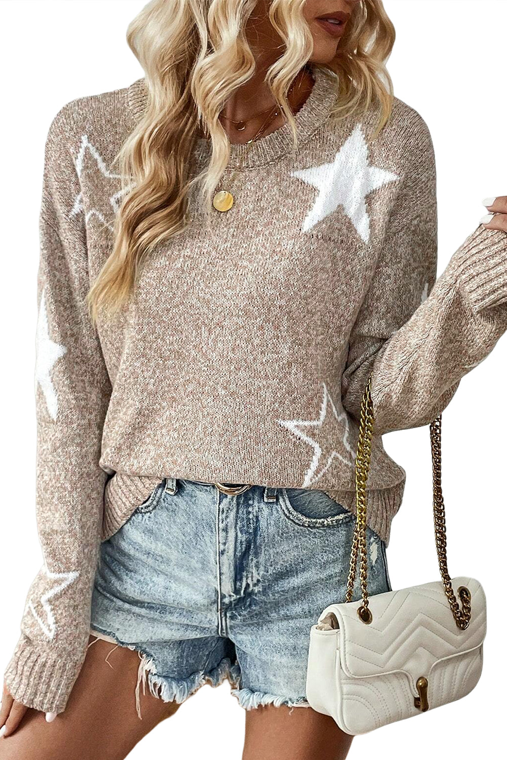 Green Star Pattern Drop Shoulder Knit Sweater