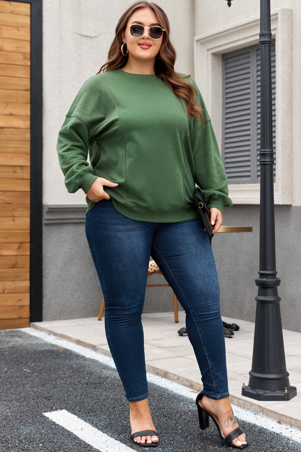 Apricot Loose Patchwork Crewneck Plus Size Sweatshirt