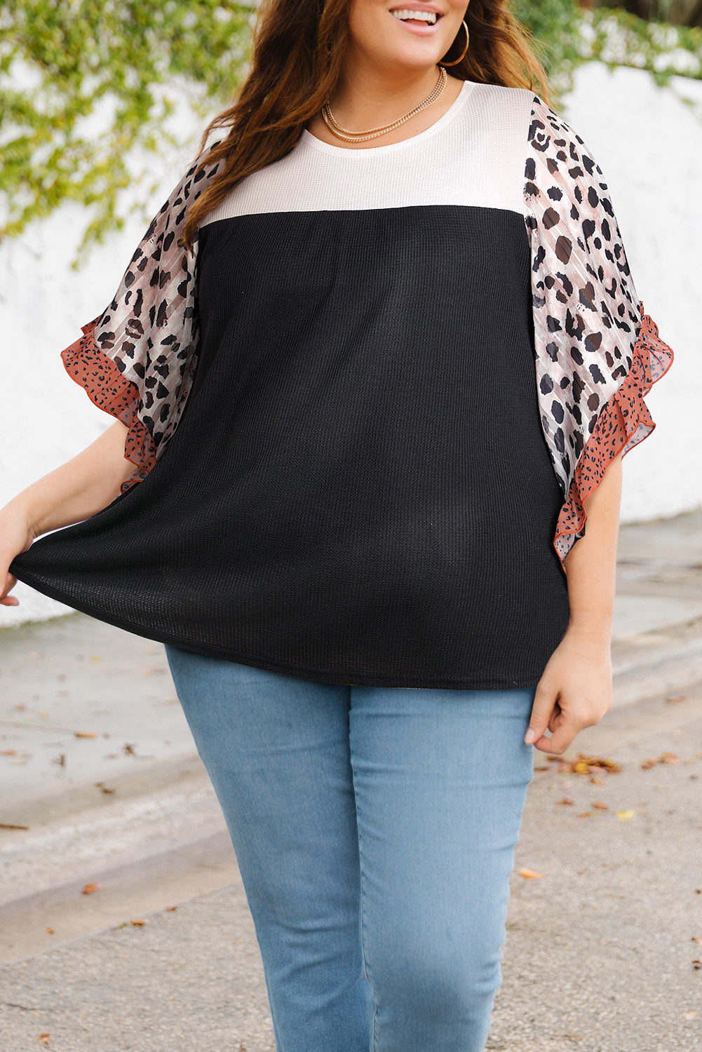 Black Rib Knit Animal Print Ruffle Sleeves Plus Size Top