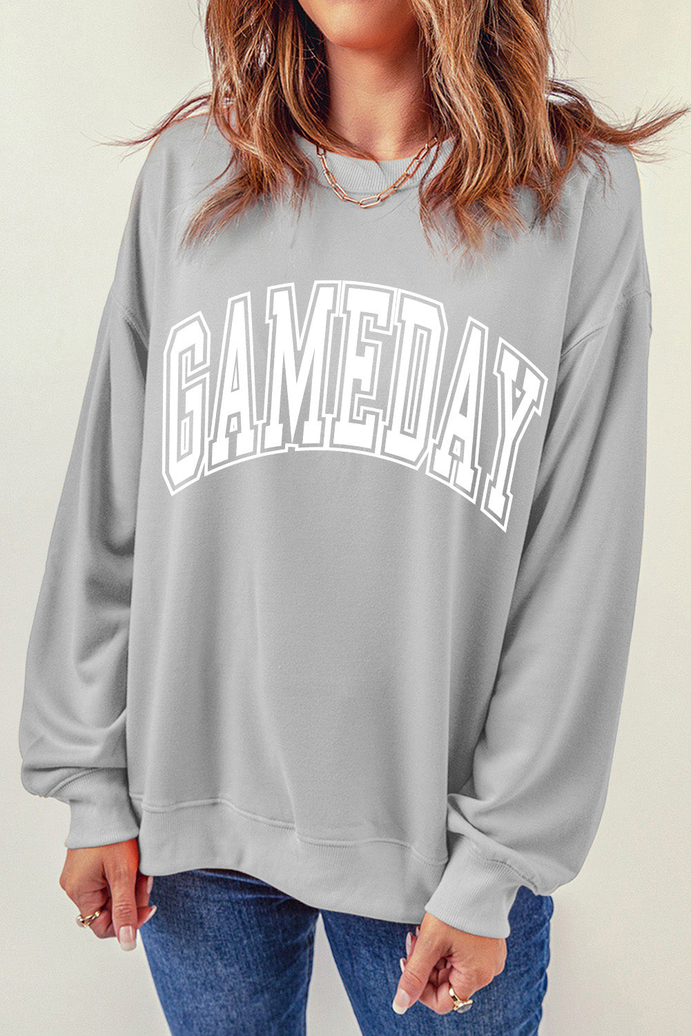 Gray Round Neck GAMEDAY Letter Sweatshirt