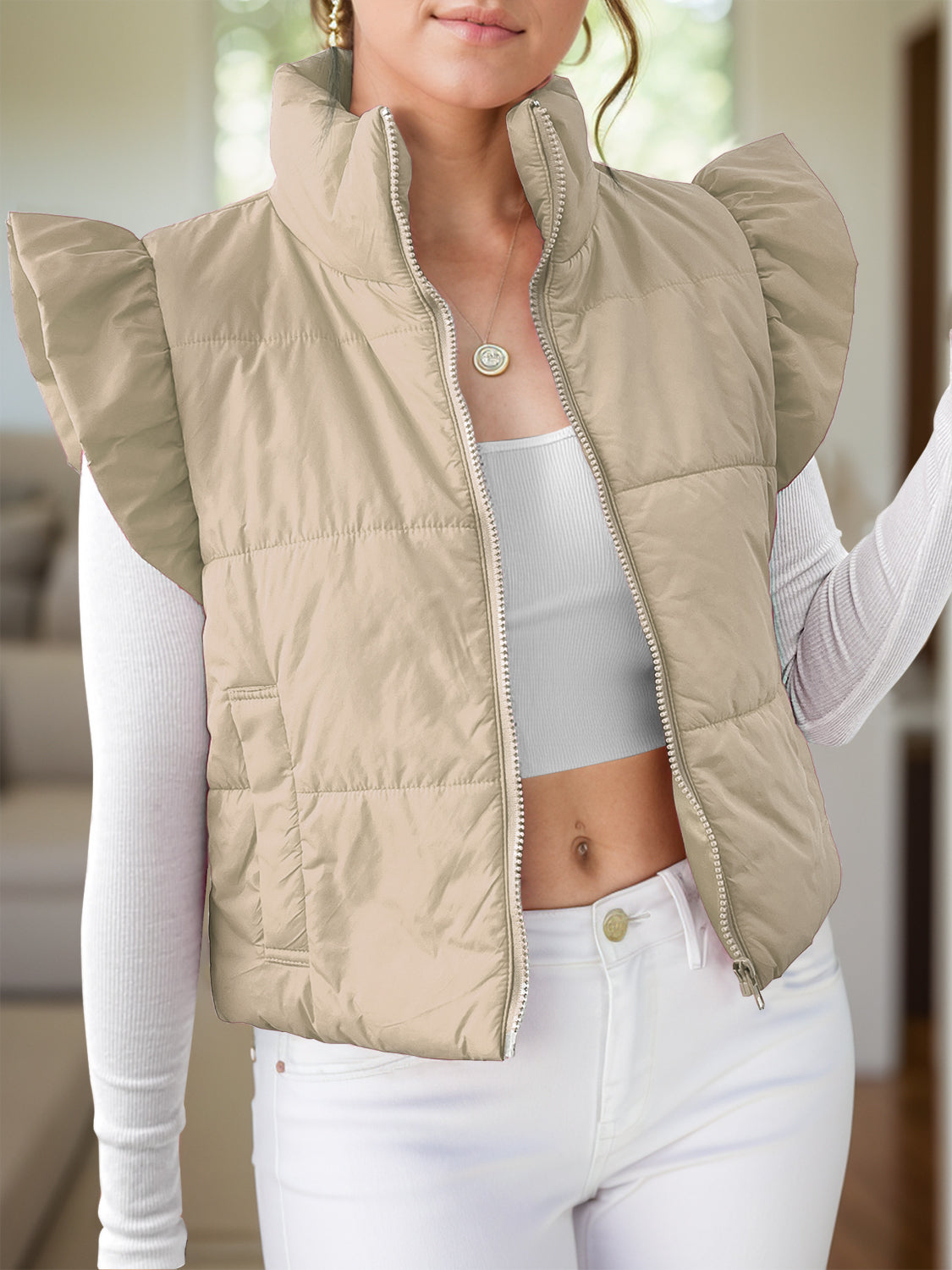 Pocketed Zip Up Cap Sleeve Puffer Vest