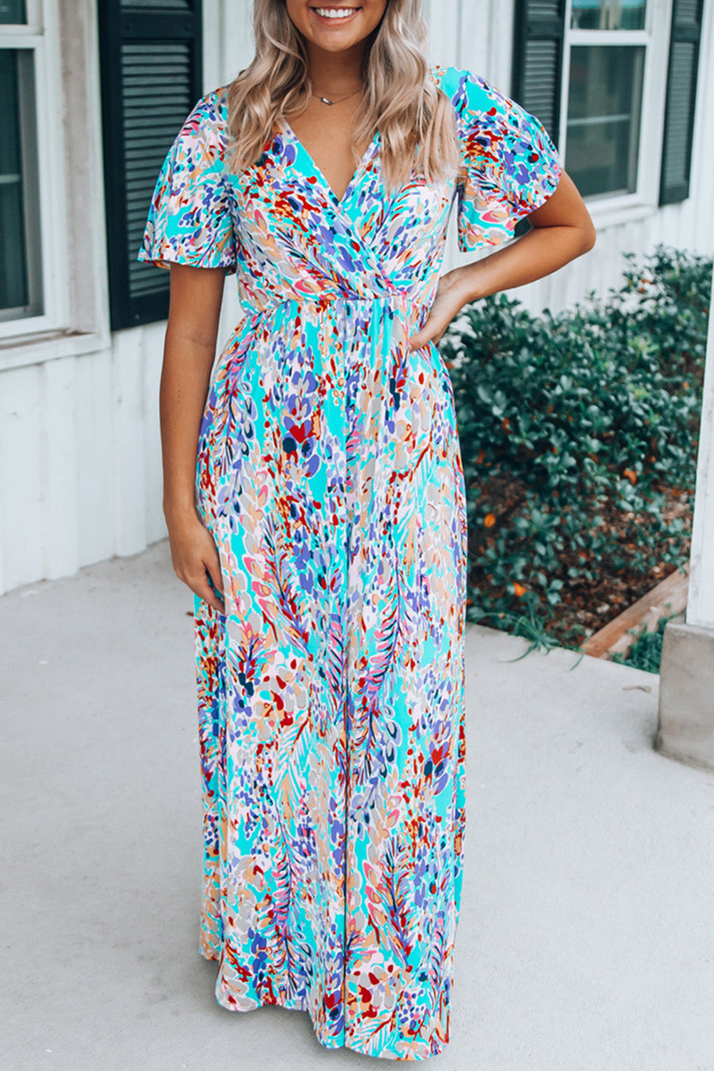 Abstract Botanic Print Wrap V Neck Short Sleeve Maxi Dress