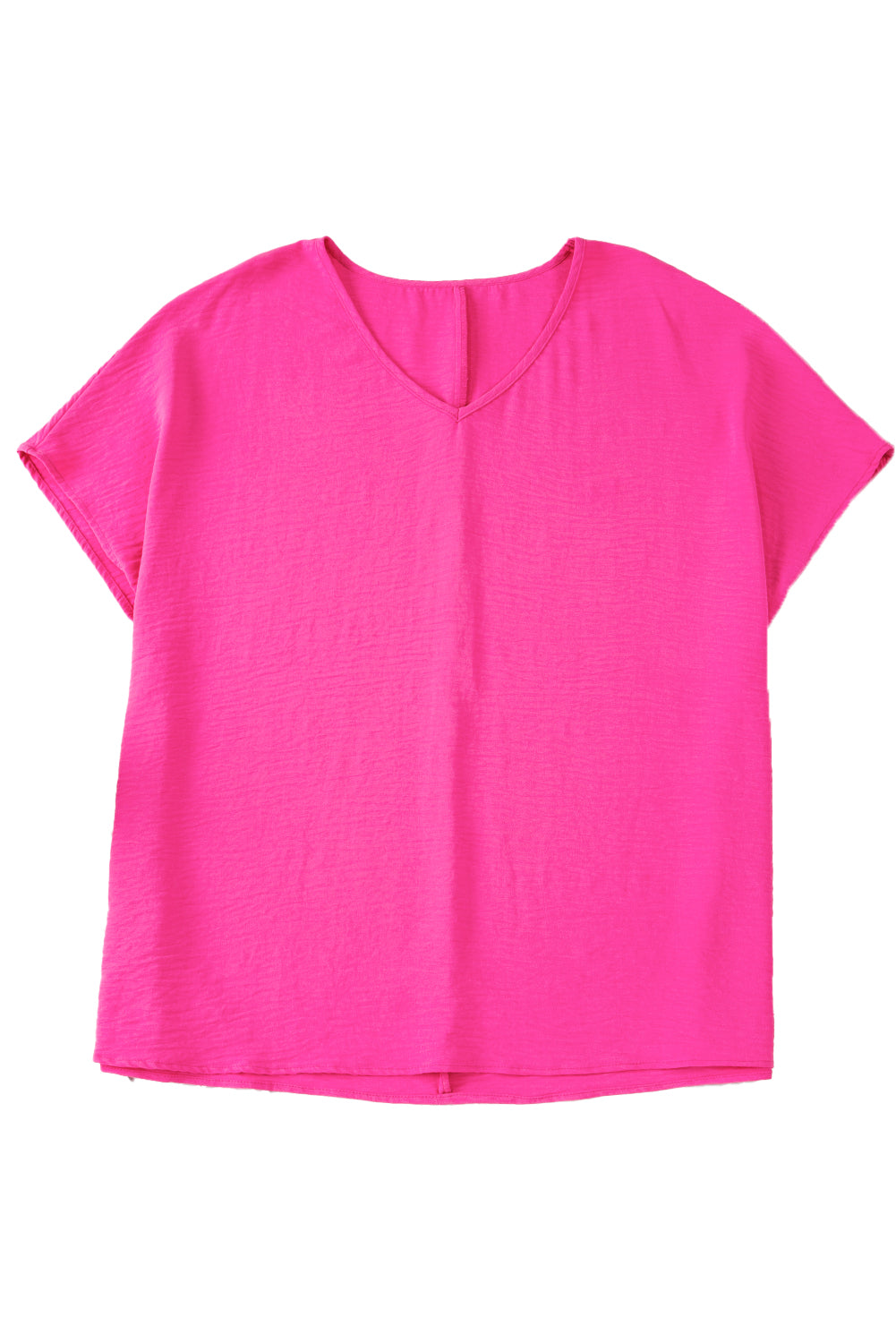 Blusa arrugada de manga corta con escote en V y talla grande en color rojo rosa