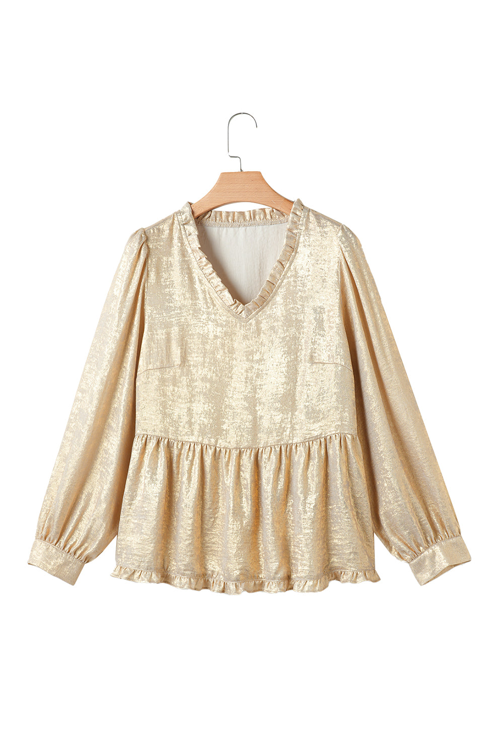 Gold Metallic Frill V Neck Puff Sleeve Babydoll Blouse