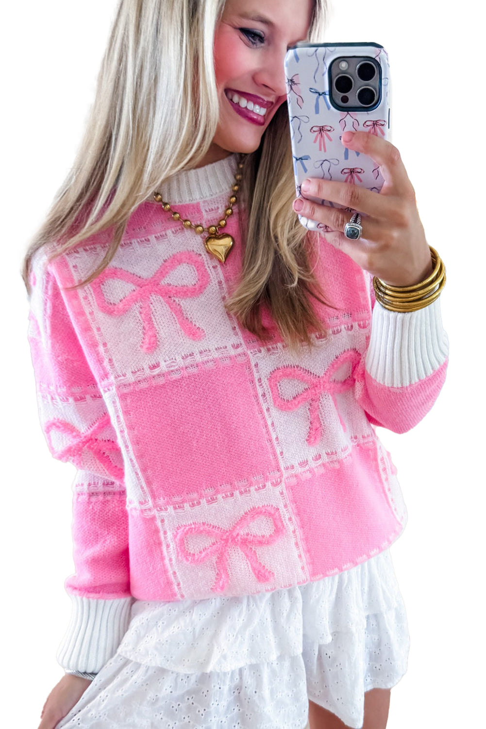 Pink Sweet Bow Two Tone Checkered Sweater