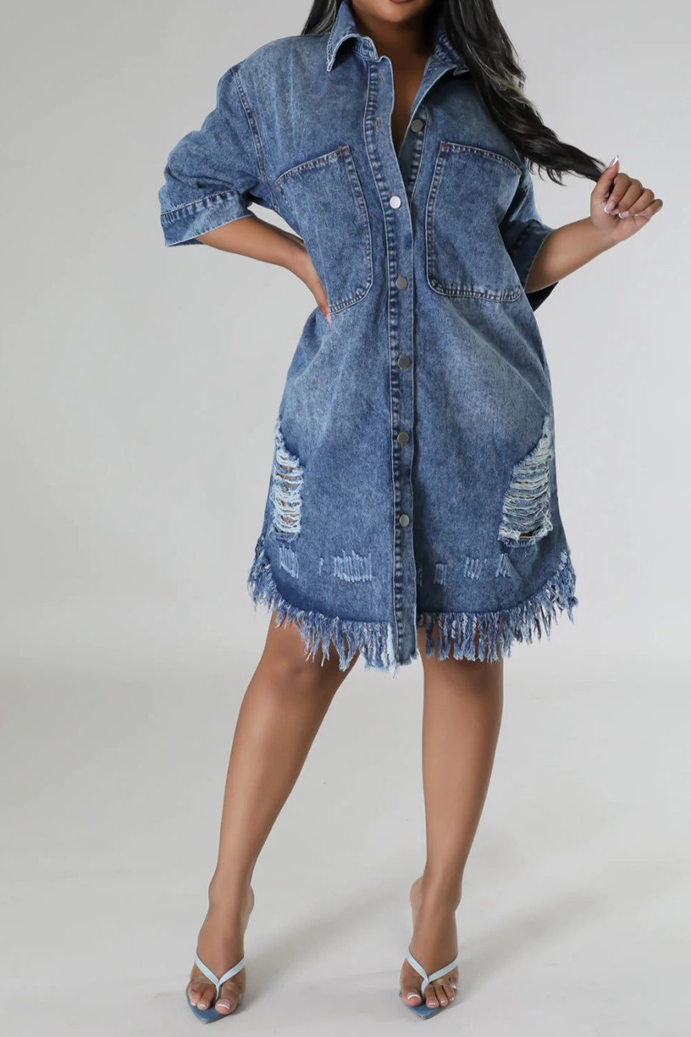 Distressed Raw Hem Button Up Denim Dress | S - 2XL | 2 COLORS