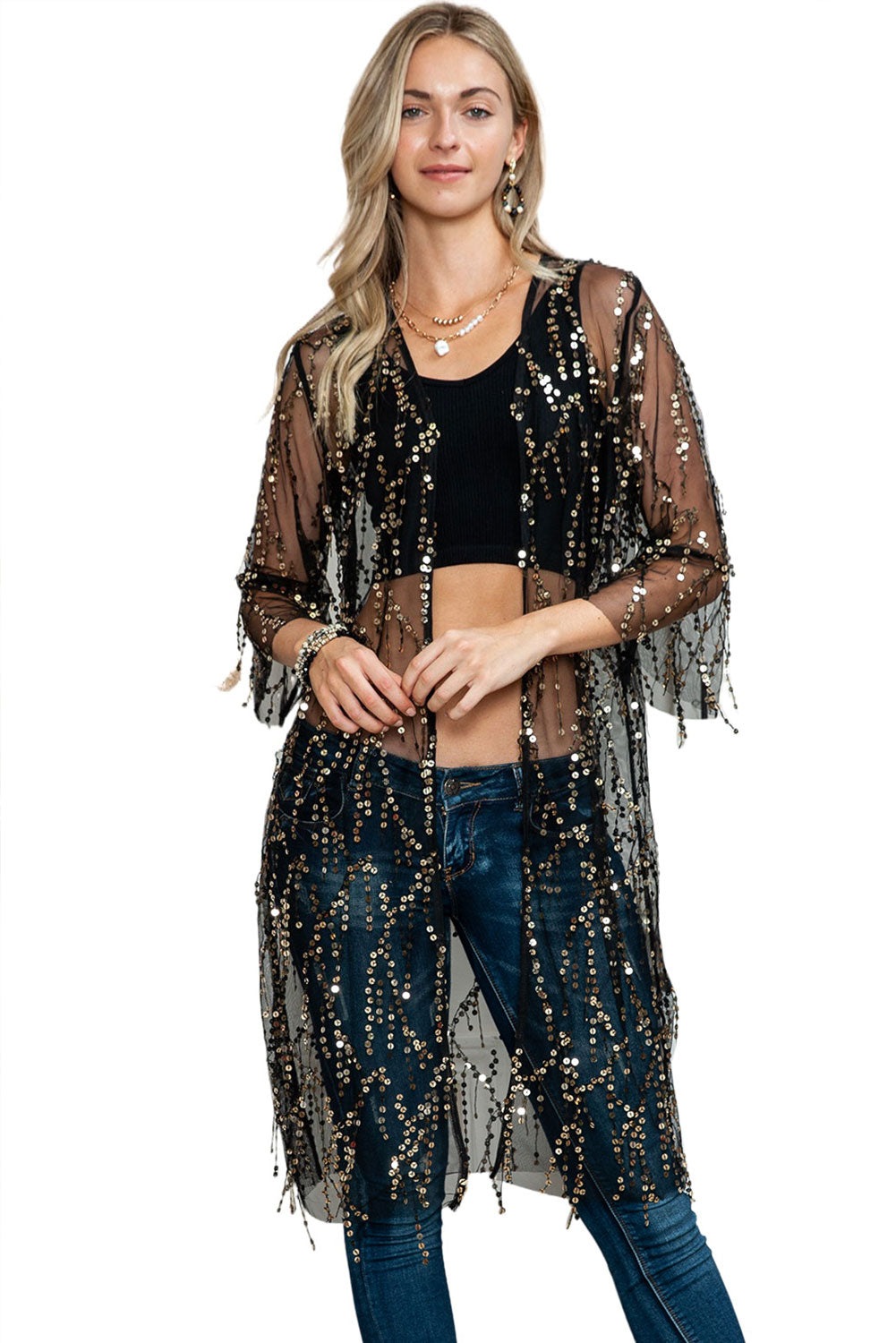 Black Sequin Sheer Casual Open Front Kimono