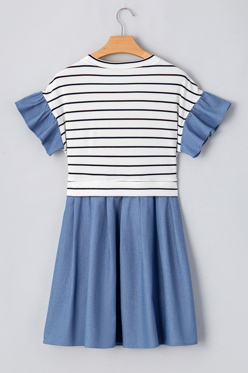 Black Stripe Ruffle Denim Patchwork Round Neck Mini Dress