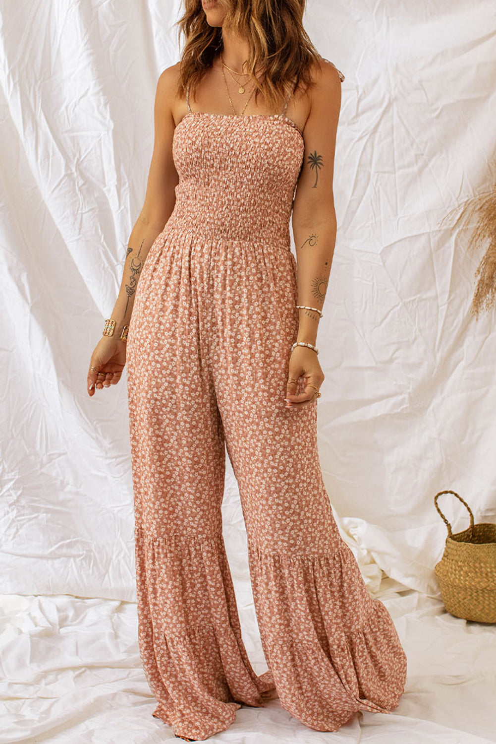 Dusk Blue Floral Print Spaghetti Straps Smocked Wide Leg Jumpsuit | S - 2XL | 4 COLORS