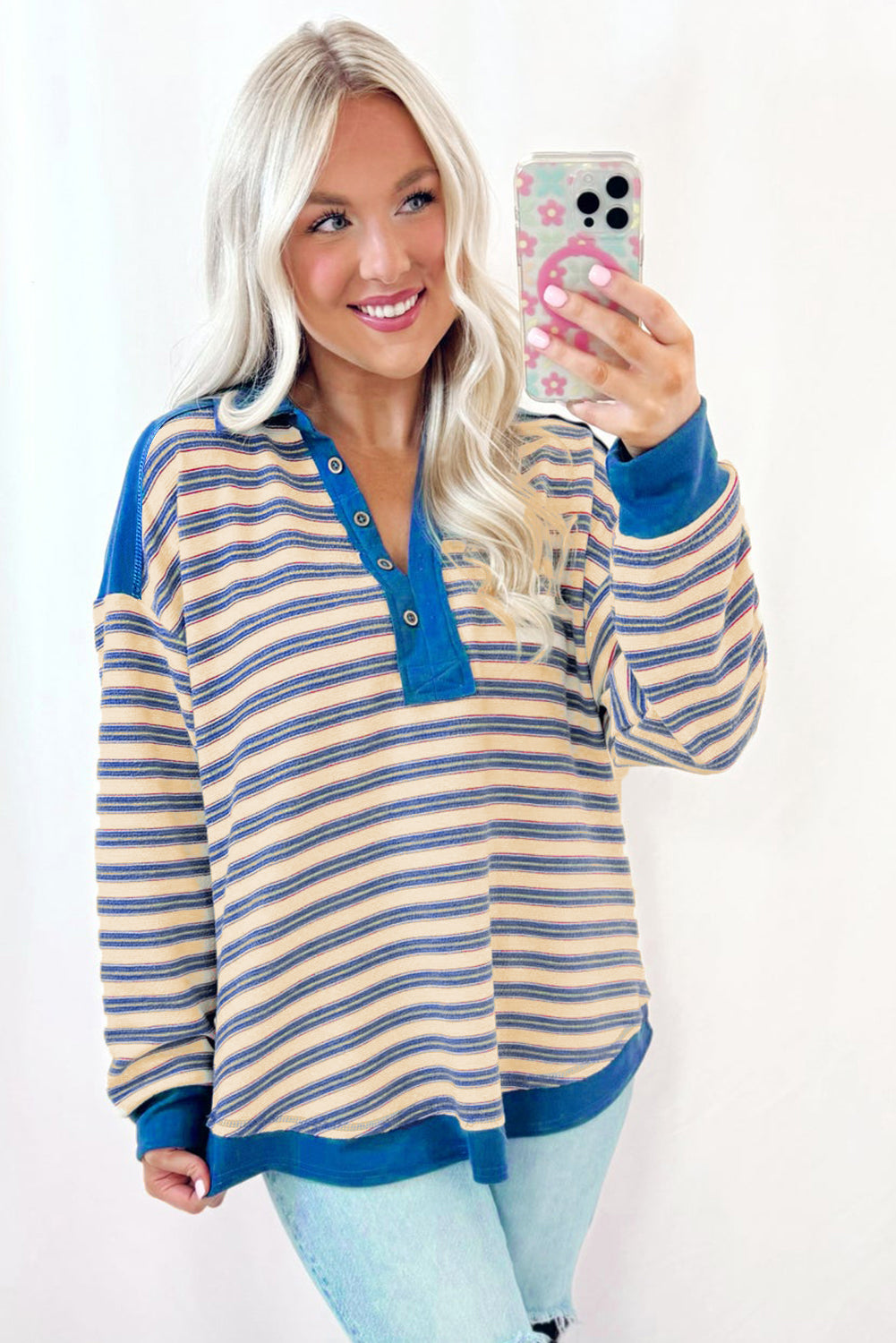 Pink Stripe Buttoned V Neck Collared Drop Shoulder Top