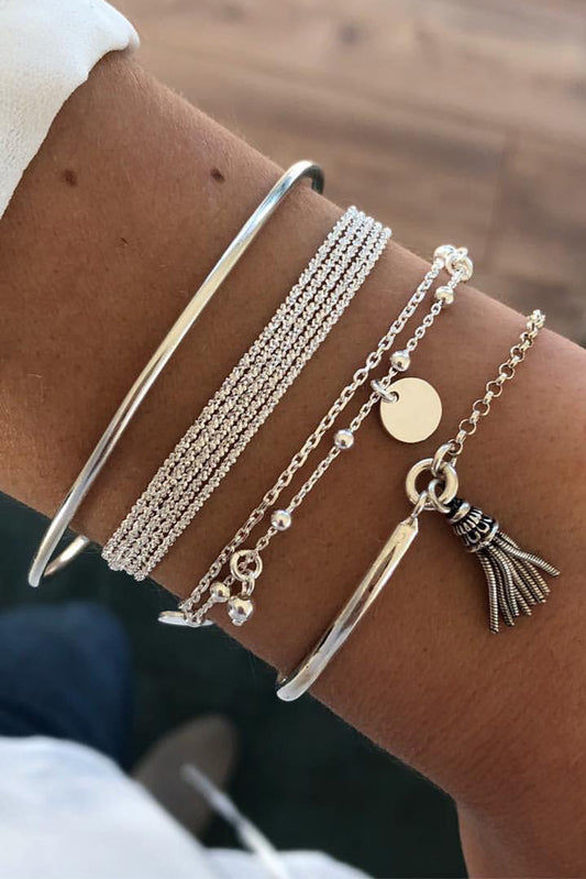 Conjunto de pulsera de plata con colgante de borlas y cadena multicapa