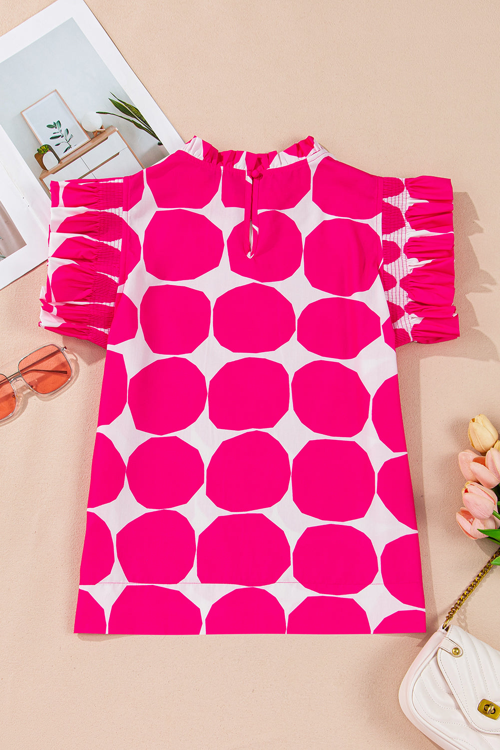 Rose Polka Dot Pattern Frill Neck Flutter Sleeve Top