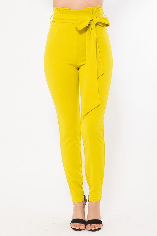 Pantalones pitillo de cintura alta con diseño paperbag - Amarillo mostaza | SML