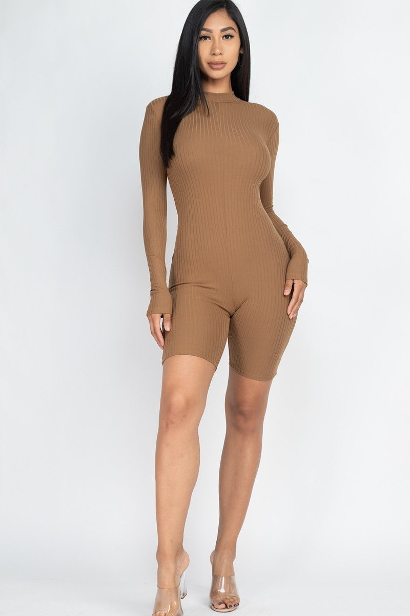 Ribbed Knit Romper - Chestnut