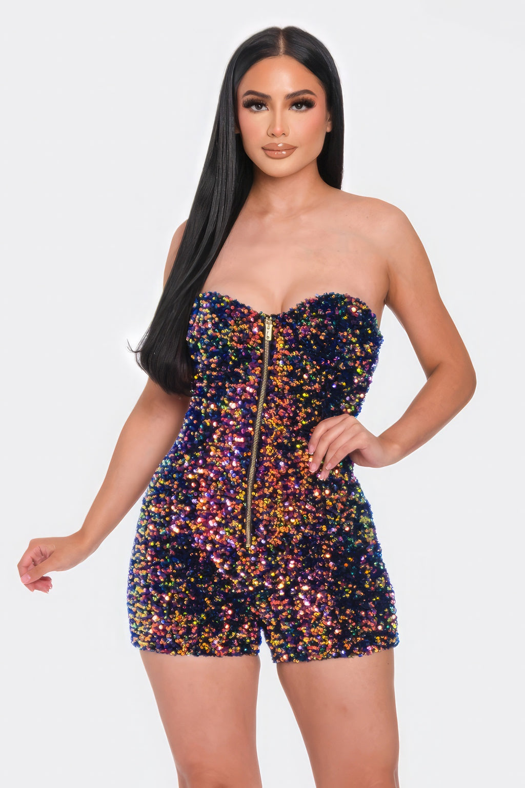 Multi Sequins Tube Top Romper - Navy Blue